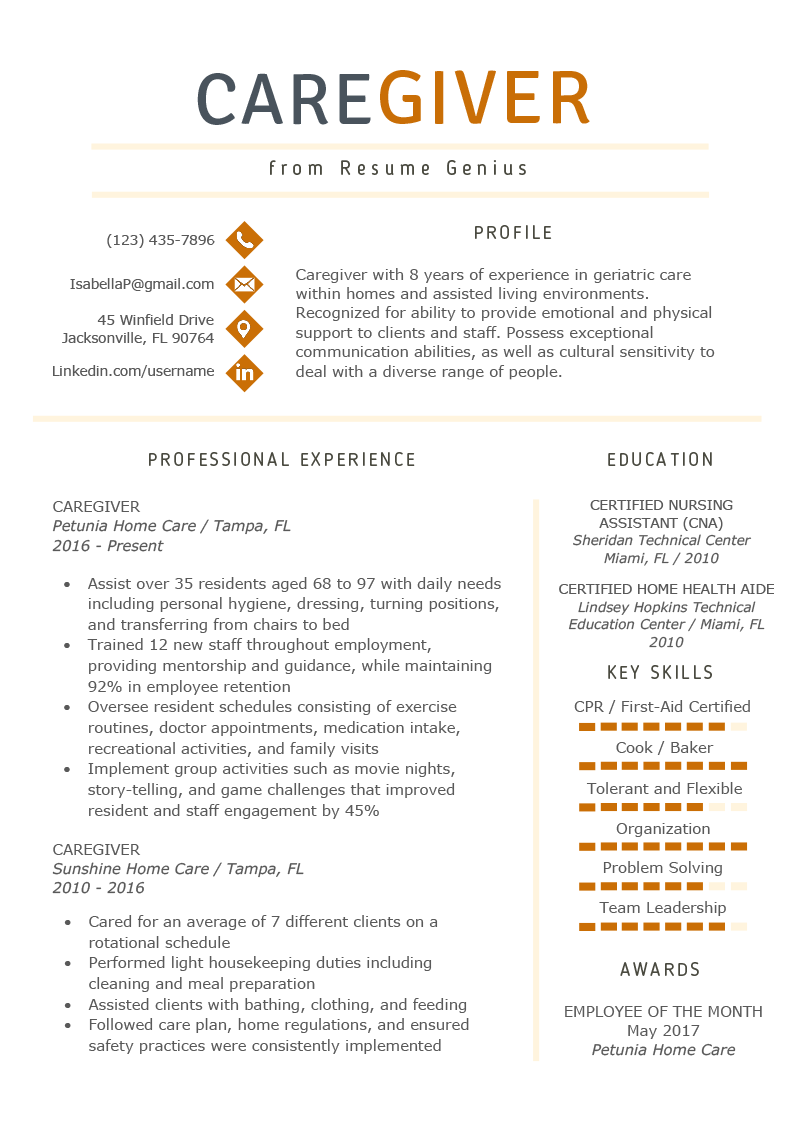 duties of a caregiver resume on caregiver resume example writing guide resume genius caregiver jobs resume examples good resume examples