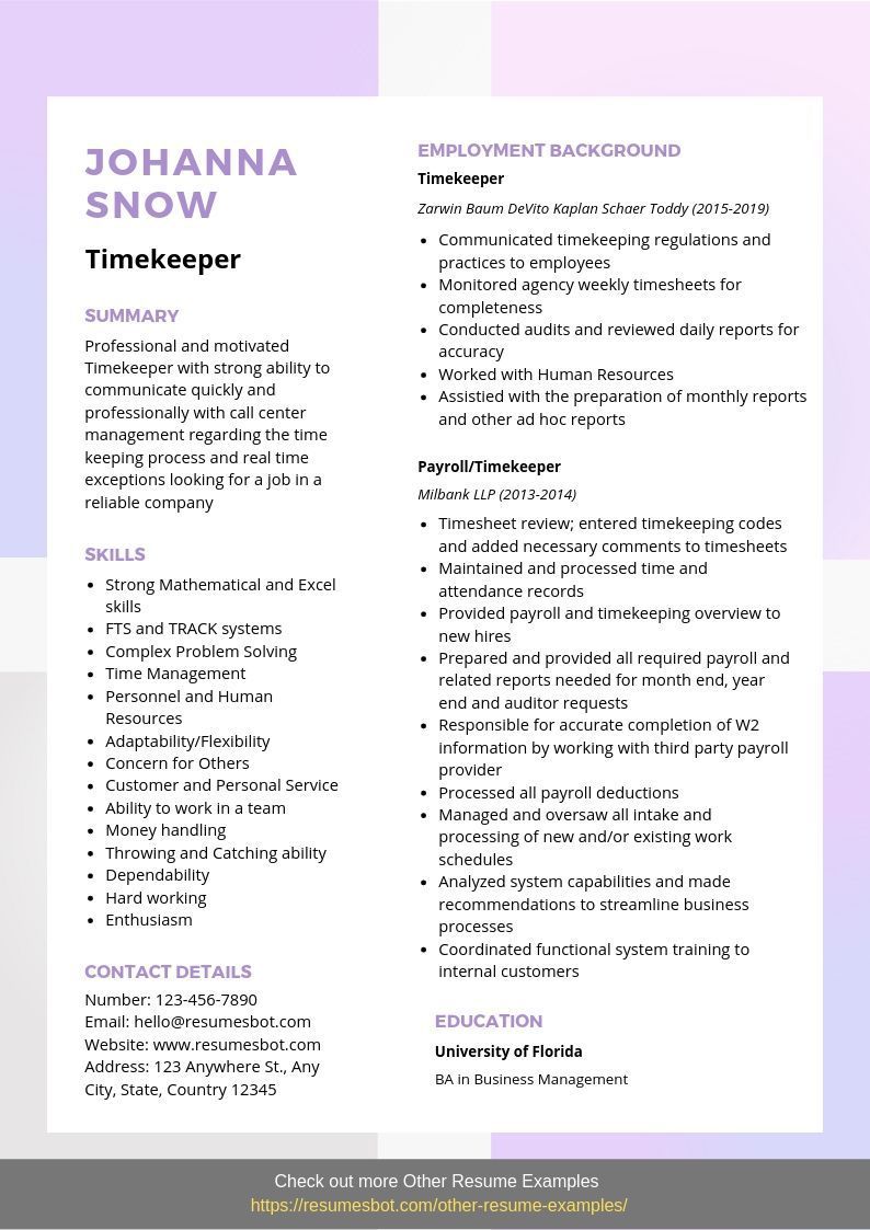 resume text examples on want to create or improve your timekeeper resume example ats friendly bot helps you use free timekeeper resume examples pdf ms word text format