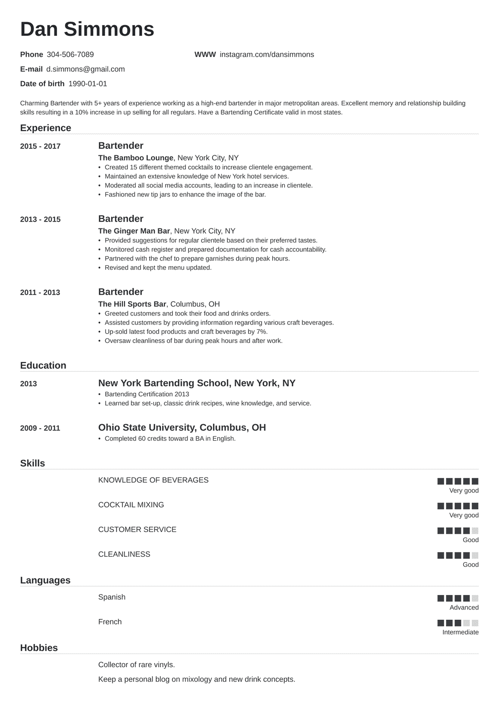 bartender resume sample no experience on bartender resume sample resume examples job resume examples resume template examples