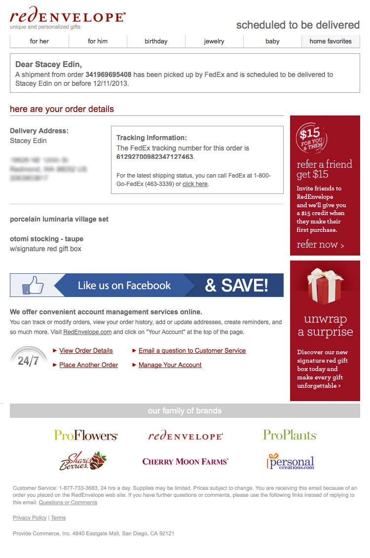 fedex shipping and receiving on this red envelope shipping confirmation leverages the right rail and footer real estate to very effectively present personalized gifts informative red envelope
