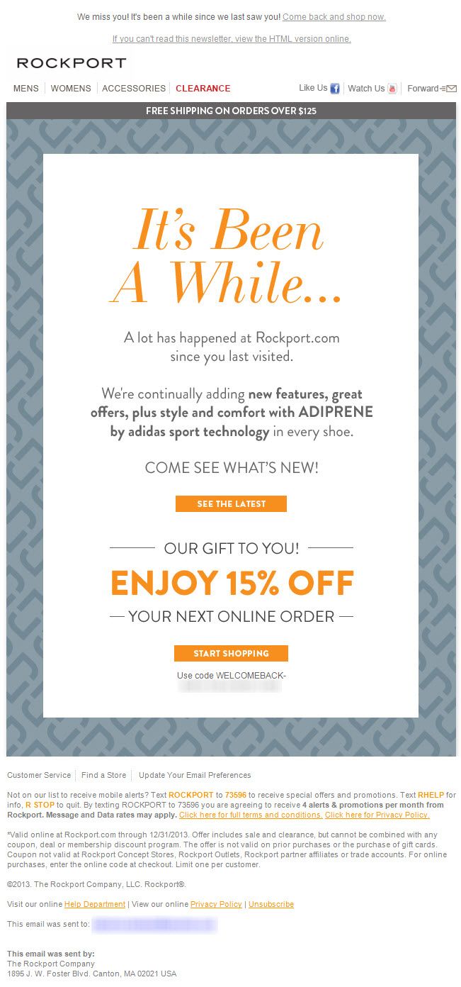sent 12 11 13 sl come see what s new winback email example from rockport with offe email marketing design email marketing inspiration email template design email send service on sent 12 11 13 sl come see what s new winback email example from rockport with offe email marketing design email marketing inspiration email template design