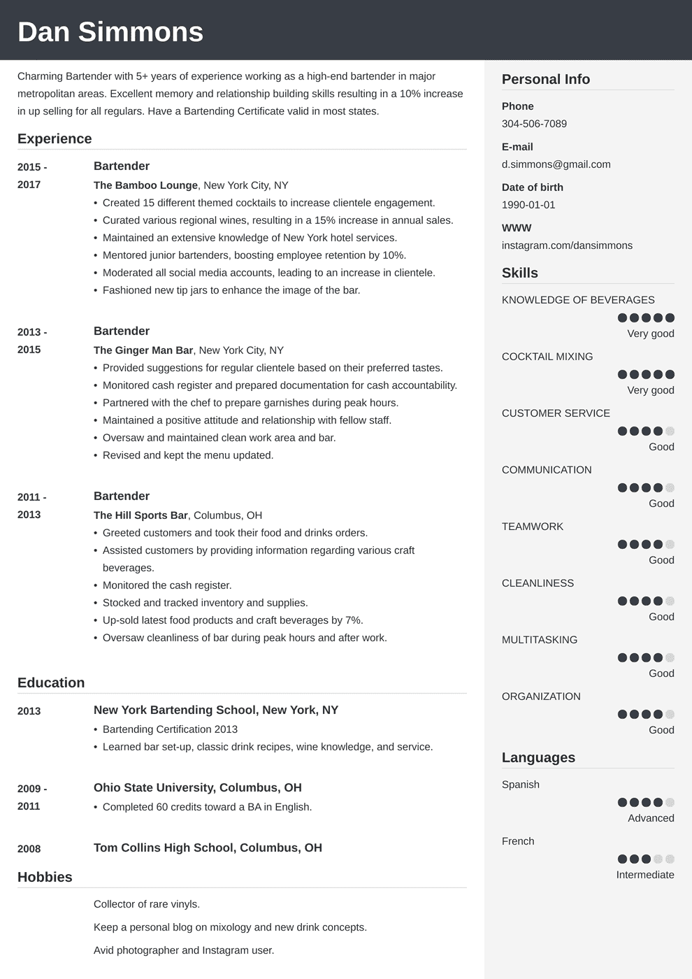 bartender resume examples on bartender resume template cubic resume examples basic resume examples job resume examples
