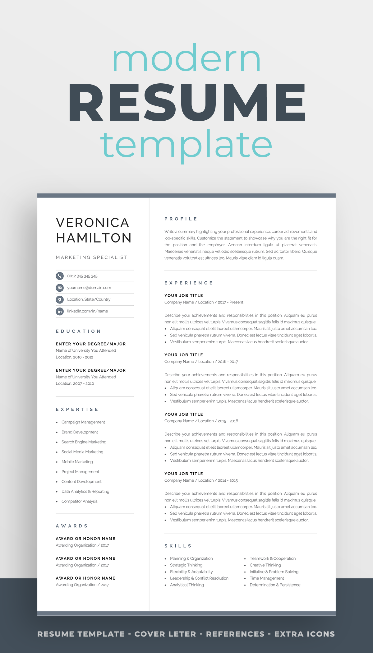 how to write a one page resume on professional resume template compact 1 page resume template modern one page cv for word mac pages instant download veronica in 2021 modern resume template resume template resume template professional
