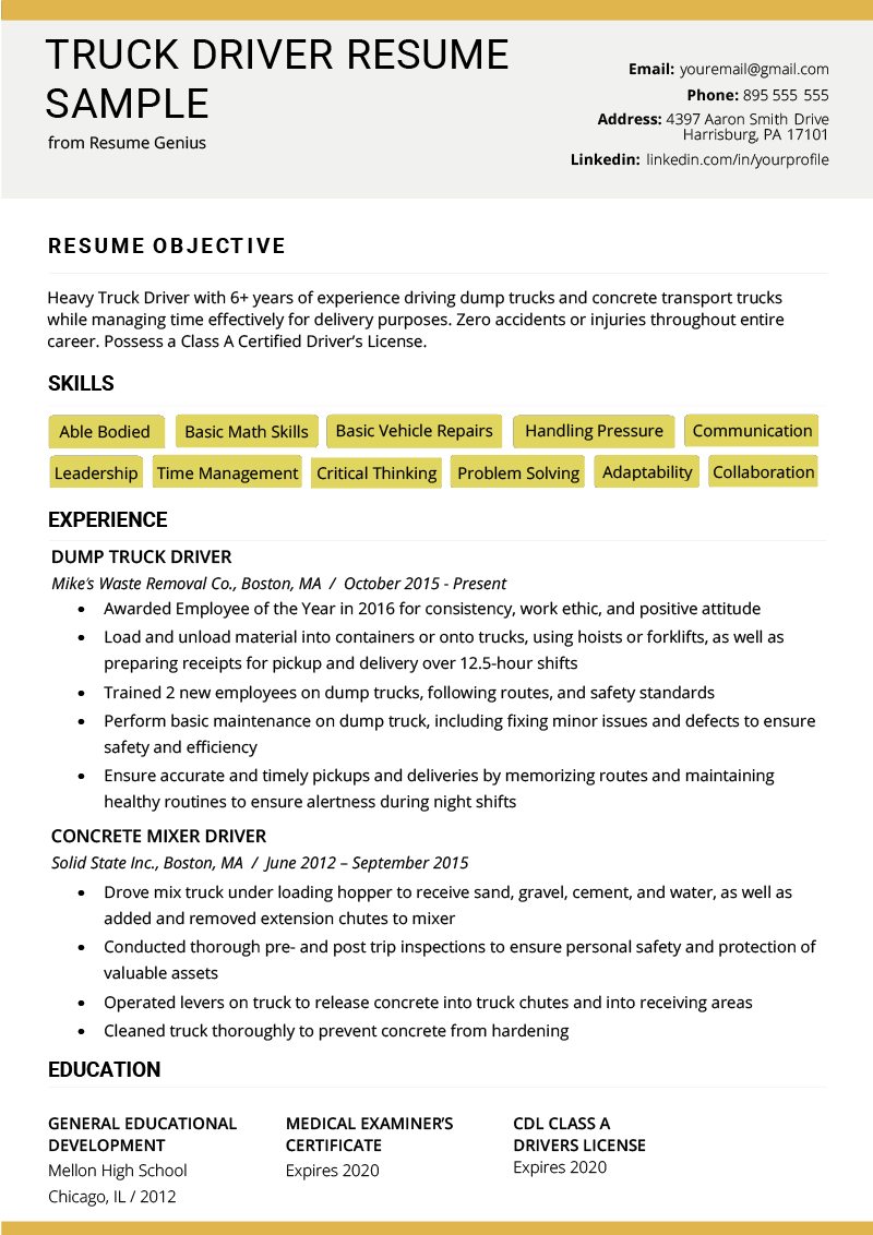 cdl resume with no experience on truck driver resume example template rg resume skills job resume samples resume examples
